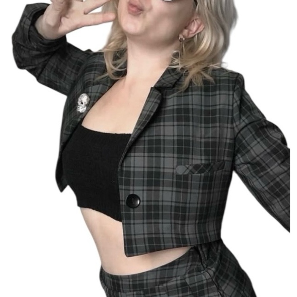 Foxblood Cropped Plaid Blazer Jacket